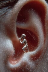 Surreal tiny devil figure whispering into human ear for symbolic concept imagery