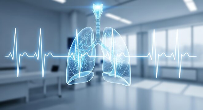 A glowing, wireframe holographic projection of the human lungs and trachea centered on an EKG heartbeat line, symbolizing respiratory health and medical technology in a clean lab setting.