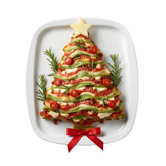 Festive Christmas Tree Shaped Lasagna with Green Pasta, Cherry Tomatoes, and Star Cheese Topper isolated on a transparent background 