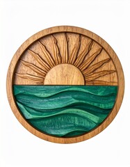 Sun rising above sea, Wooden button, hand, carved, isolated on white background, high quality woodwork decoration, handmade in natural and green tones