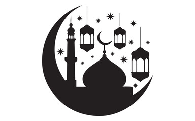 Ramadan Kareem Mosque Silhouette with Crescent Moon and Lanterns Vector Illustration