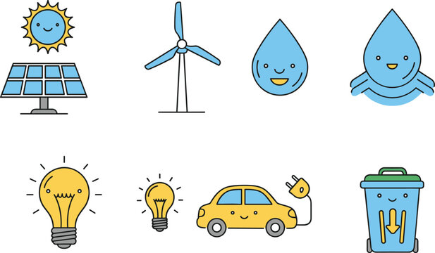 Sustainable Energy Icons Set: Solar Panel, Wind Turbine, Water Drop, Electric Vehicle, Lightbulb, and Recycling Bin – A Colorful Flat Design Vector for Environmental Concepts and Green Solutions