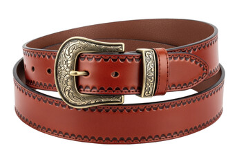 Isolated brown leather belt with decorative metal buckle for stylish waist fastening
