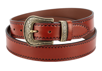 Isolated brown leather belt with decorative metal buckle for stylish waist fastening