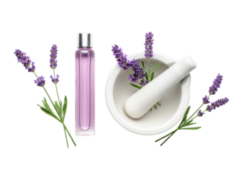 Isolated sprigs of lavender and essential oil bottle with mortar and pestle on the table