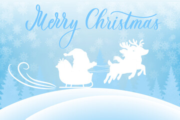 Merry Christmas scene with Santa sleigh. Snowy hills and pine forest in festive winter silhouette.