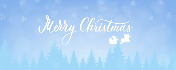 Merry Christmas scene with Santa sleigh. Blue forest silhouette and festive snowflakes on winter background.