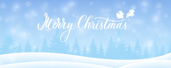 Merry Christmas greeting with Santa silhouette. Snowy winter landscape and festive typography in blue tones.
