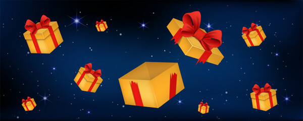 Floating gift boxes in festive night sky. Open present surrounded by stars and snowflakes on dark background.