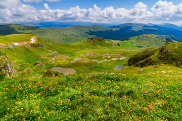 View from the Urdele Pass of the glacial lakes and the Parang Mountains. Southern Carpathians, Transalpina, Romania
