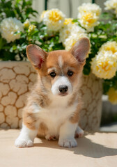Cute Welsh Corgi puppy in summer walking near a bush with roses