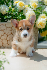Cute Welsh Corgi puppy in summer walking near a bush with roses