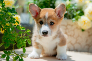 Cute Welsh Corgi puppy in summer walking near a bush with roses