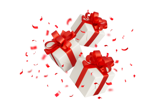 christmas gift boxes with red ribbon and confetti flying isolated on white	
