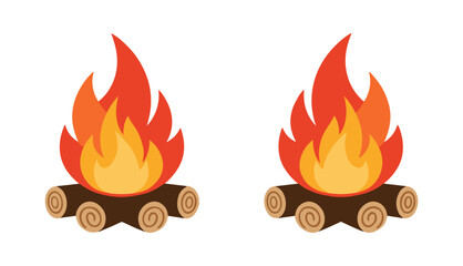 Campfire vector illustration showing burning wood logs
