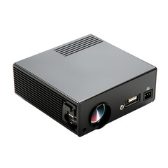 Compact black projector with ports; projector shows small lens, vented sides, rear connectors, power socket; projector suits home cinema, office desks, travel kits, studio background, modern tech vibe