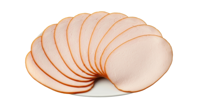 Isolated pile of sliced, smoked turkey breast for sandwich ingredient close up stack deli meat