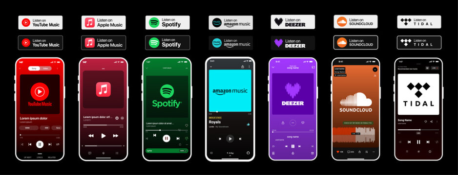 Music Streaming App UI Mockups &ndash; YouTube Music, Apple Music, Spotify, Amazon Music, Deezer, SoundCloud, Tidal Interface Collection
Modern mobile screens showcasing popular music apps for digital produ