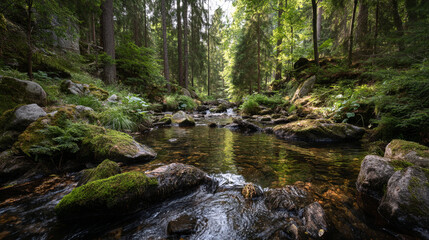 Fototapeta premium A stream flowing through a lush green forest with moss covered rocks and tall trees