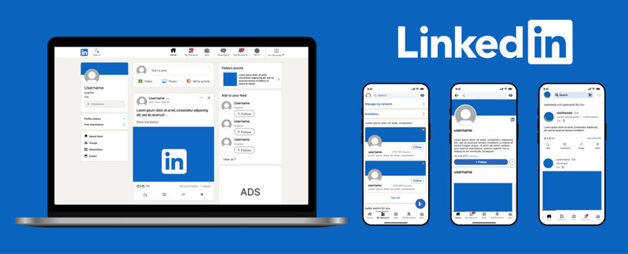 LinkedIn UI Mockups on MacBook and Mobile &mdash; Professional LinkedIn Interface Screens for Desktop and Smartphone Display