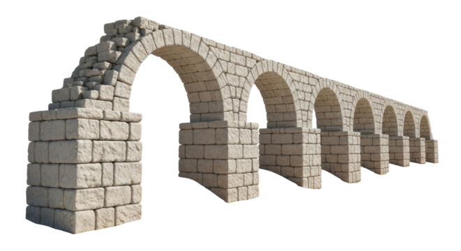 Isolated ancient stone aqueduct with arches, made of bricks, in perspective, historical