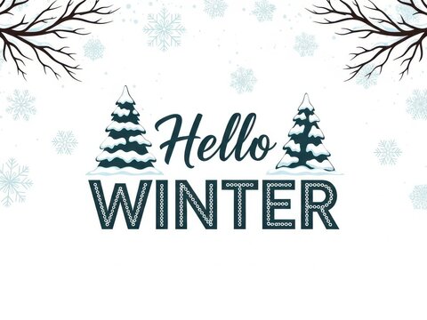 Hello winter seasonal graphic with snowy trees and falling flakes - Powered by Adobe