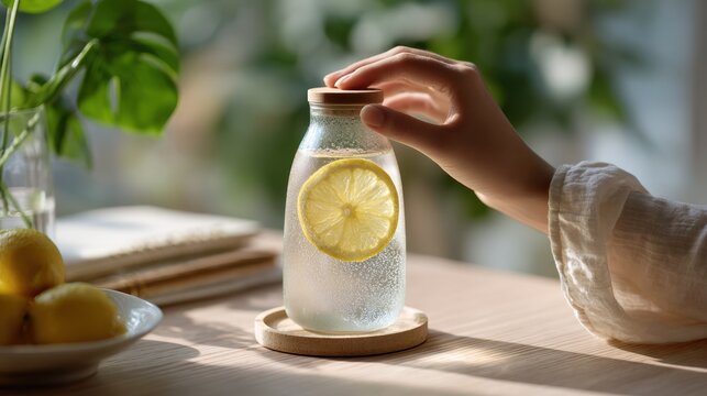 Refreshing Moment in Sunlit Kitchen with Hand Reaching for Lemon Water - Powered by Adobe