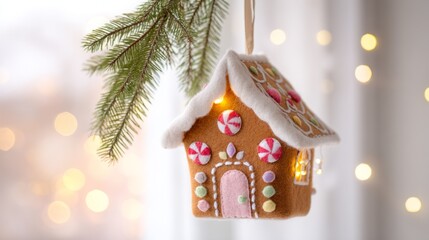 Cozy felt gingerbread house with glowing windows and candy decorations