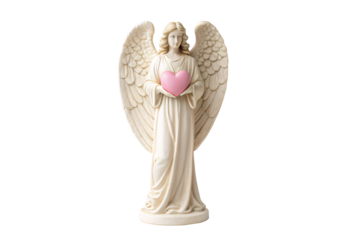 Angel figurine with pink heart offering, isolated on a transparent background
