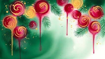 Watercolor Christmas lollipops and fir branches design on green background