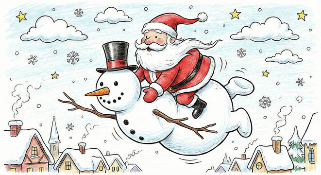 Santa and Snowman Soaring Above Snowy Rooftops