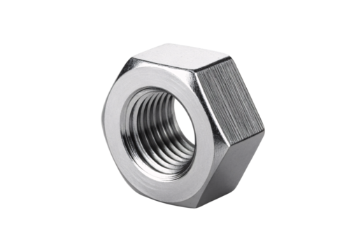 Chrome hexagonal metal nut fastener hardware, isolated on a transparent background