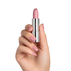 Hand holding a pink lipstick isolated on transparent background