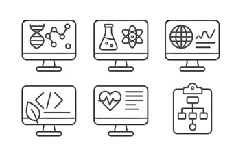 Virtual Lab Icons. Line style icons of interdisciplinary virtual labs: bioinformatics simulation, chem-physics crossover test,