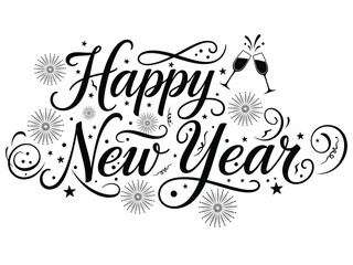 Elegant Christmas Black And White Happy New Year Calligraphy With Festive Elements And Toasting Champagne Glasses