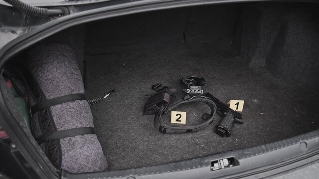 4k Crime Shot of Tools and Weapons in the Car Boot