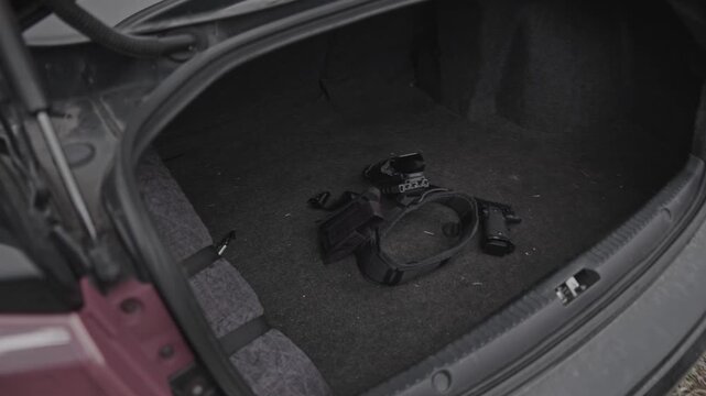 4k Crime Shot of Tools and Weapons in the Car Boot