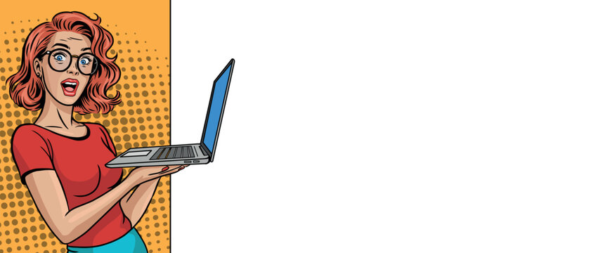 A beautiful pop art woman with a laptop and a blank banner. Comic book style pop art.