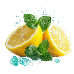Fresh lemon slices with mint isolated on transparent background