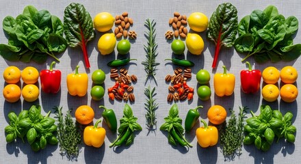 Symmetrical overhead view of diverse, colorful fresh produce and herbs, highlighting the beauty and abundance of healthy, organic ingredients for a balanced diet and vibrant lifestyle