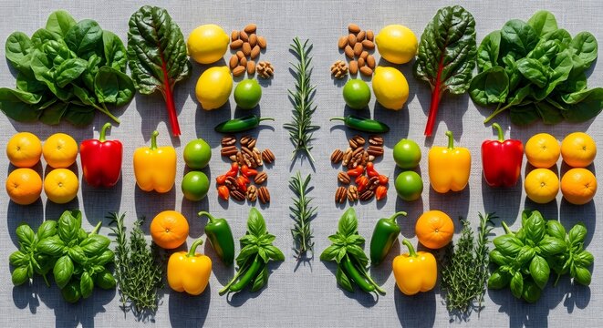 Symmetrical overhead view of diverse, colorful fresh produce and herbs, highlighting the beauty and abundance of healthy, organic ingredients for a balanced diet and vibrant lifestyle
