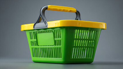 Green and yellow shopping basket on a gray background. colorful shopping basket is perfect for grocery shopping or carrying items at the store.