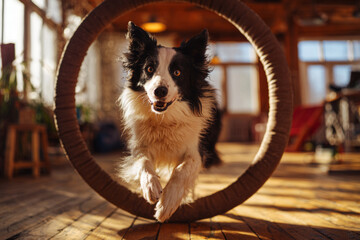 A border collie effortlessly jumps through a hoop in a dog agility gym with a wooden floor. The scene highlights an active training session focusing on pet fitness and mobility