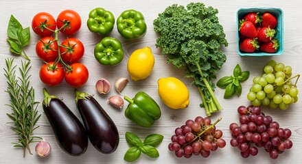 Colorful flat lay of fresh organic fruits and vegetables on a white wooden background, promoting a healthy diet and lifestyle
