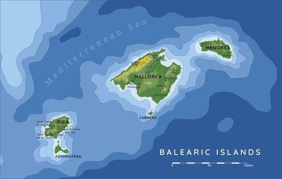 Balearic Islands map &ndash; vector illustration with topography and major cities