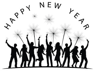 Silhouette Crowd Celebrating New Year With Champagne And Sparklers Under Arched Happy New Year Text celebration Christmas