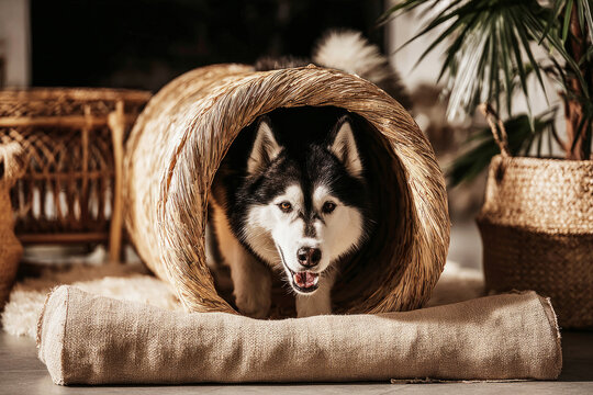 A husky joyfully navigates through a tunnel and climbs on a platform in an indoor training space designed for canine fitness and rehabilitation activities