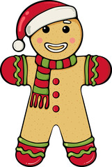 Gingerbread man cookie character wearing a Santa hat, striped scarf. Decorated with icing details. Holiday baking. Simple vector color illustration with outline in hand drawn style isolated on white