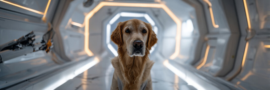 A golden retriever is guided by robotic arms within a sleek rehabilitation capsule. This setup focuses on fitness and recovery to enhance the dog is mobility and overall well being, banner