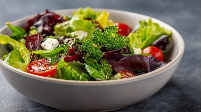 A crisp salad bowl filled with vibrant vegetables, fresh greens snapping in texture beneath the dressing — clean eating, healthy food photography, and nutrient-rich lifestyle imagery. cinematic